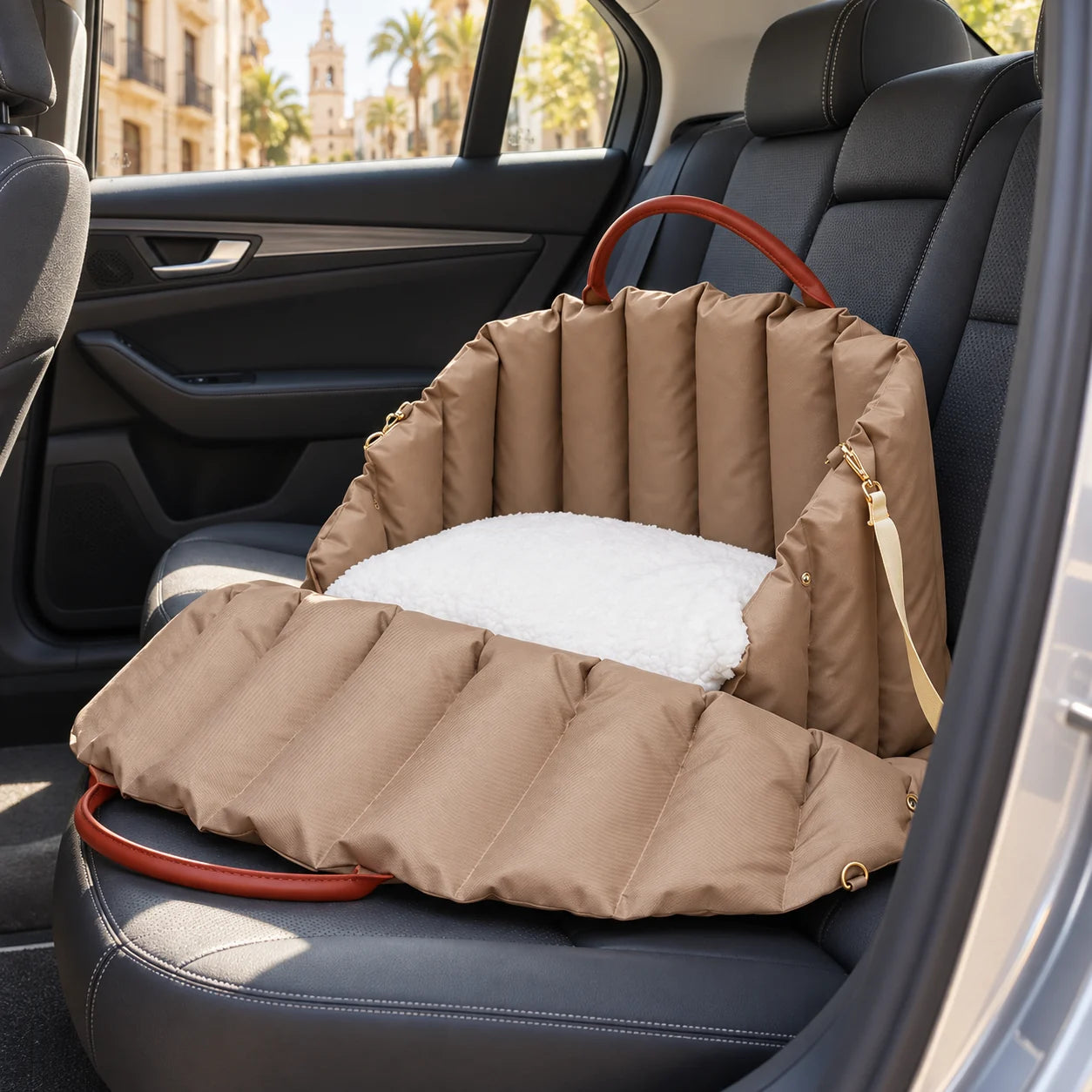 Chocolate Lab darker taupe Cozy Nest shown open in a car