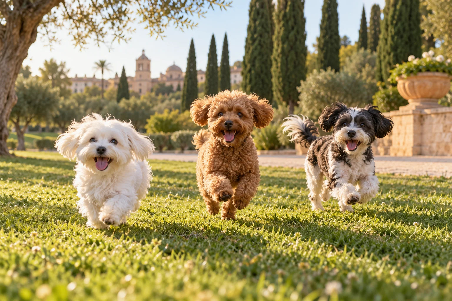 Three small dogs running happily through a Mediterranean park